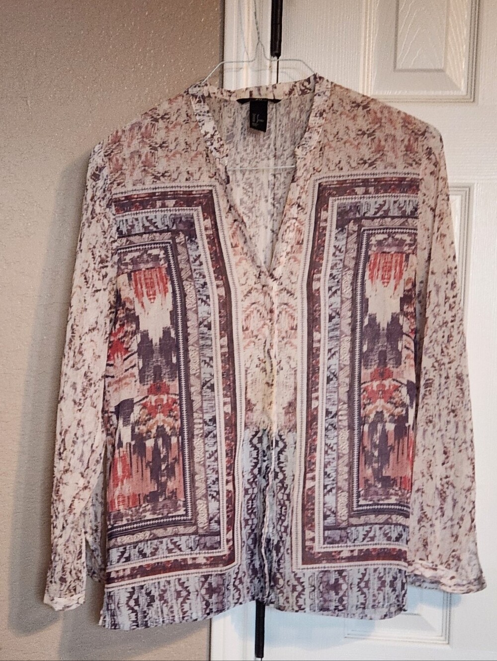 H&M Boho Printed V-Neck Long Sleeve Top in Cream and Rust
